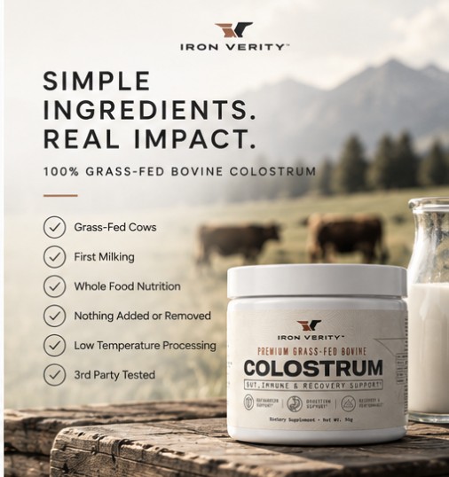 Simple ingredients, real impact — 100% grass-fed bovine colostrum: grass-fed cows, first milking, whole food nutrition, nothing added or removed, low temperature processing, third-party tested.